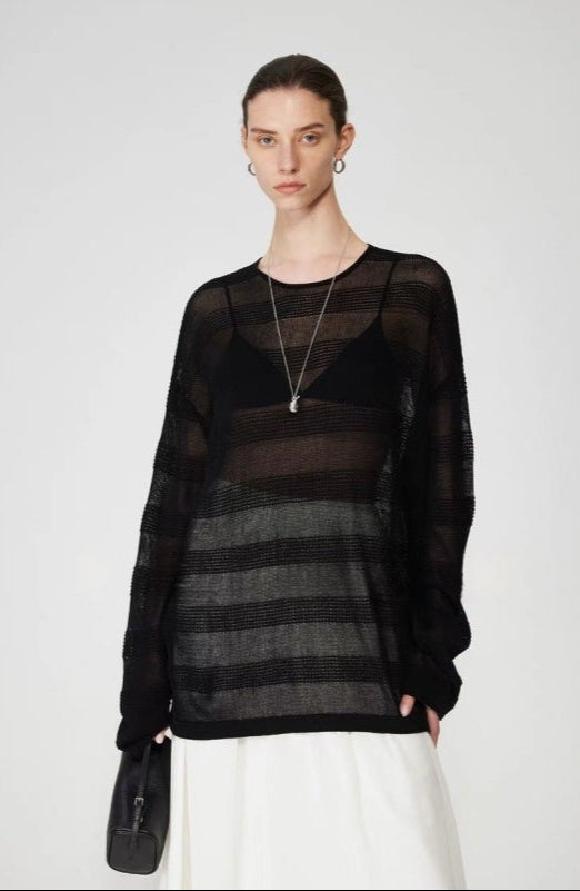 PIAOIN Striped Knitwear Women's Long Staple Cotton Crew Neck T-Shirt-NATALIA.