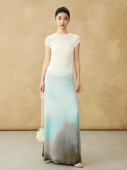 HECO Chinese style slightly transparent round neck knitted short sleeve T-shirt -BING.