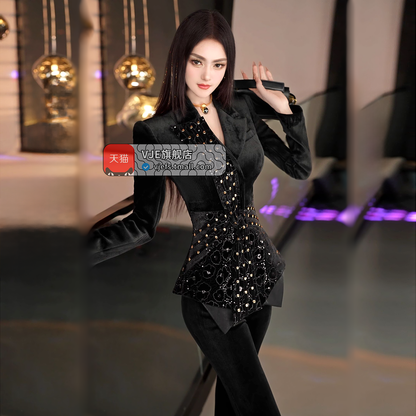 VJE Thickened Velvet Jacket Flared Pants Two-Piece Set Suit-NINI.