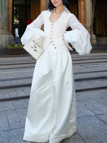 MEI SANGUAN Beige Layered Jacket & Wide-Leg Slacks Suit - YASMIN