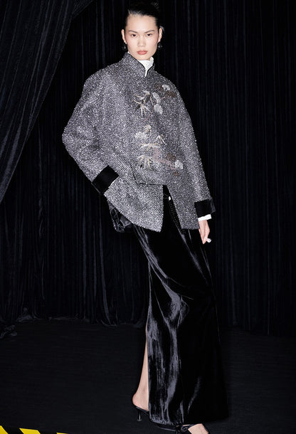 M essential Mackay designer cedar beaded jacket  elegant black velvet skirt- abel.