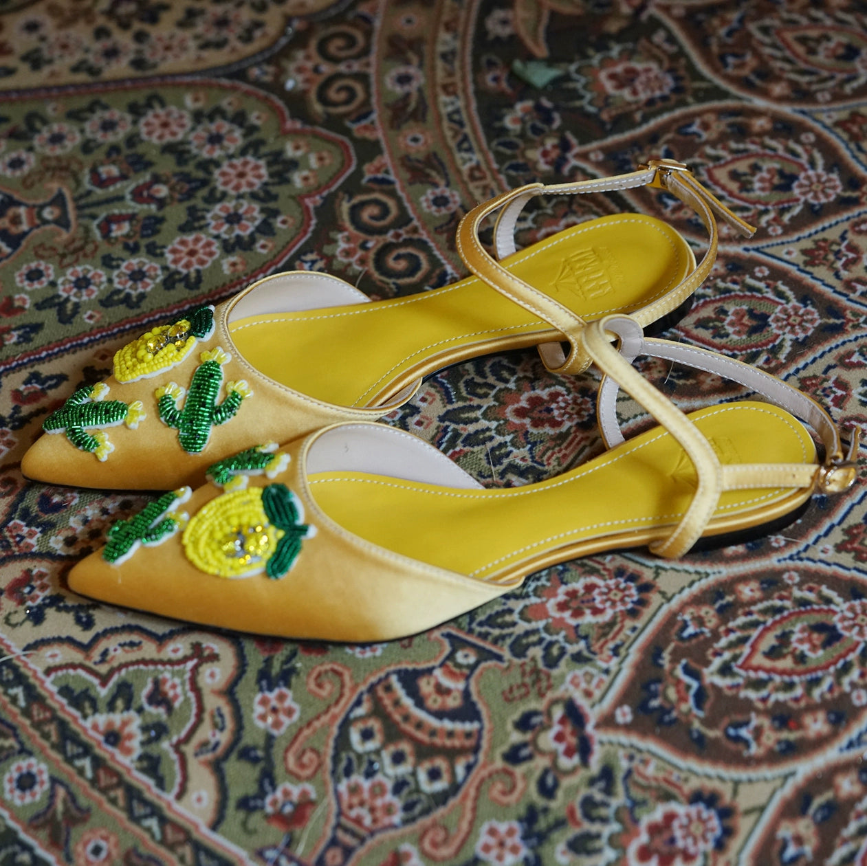 B-FEI Yellow Pointed Toe Embossed Flat Women's Sandals-VILIA.