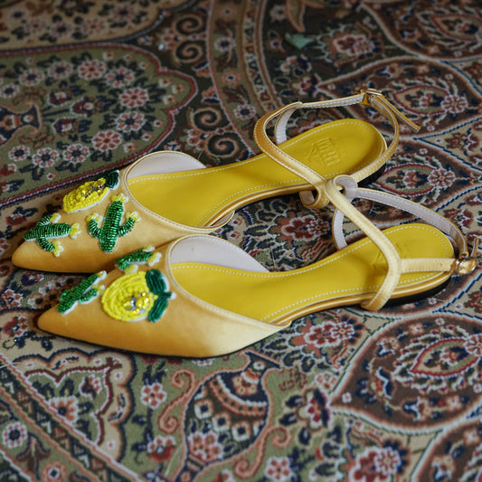 B-FEI Yellow Pointed Toe Embossed Flat Women's Sandals-VILIA.