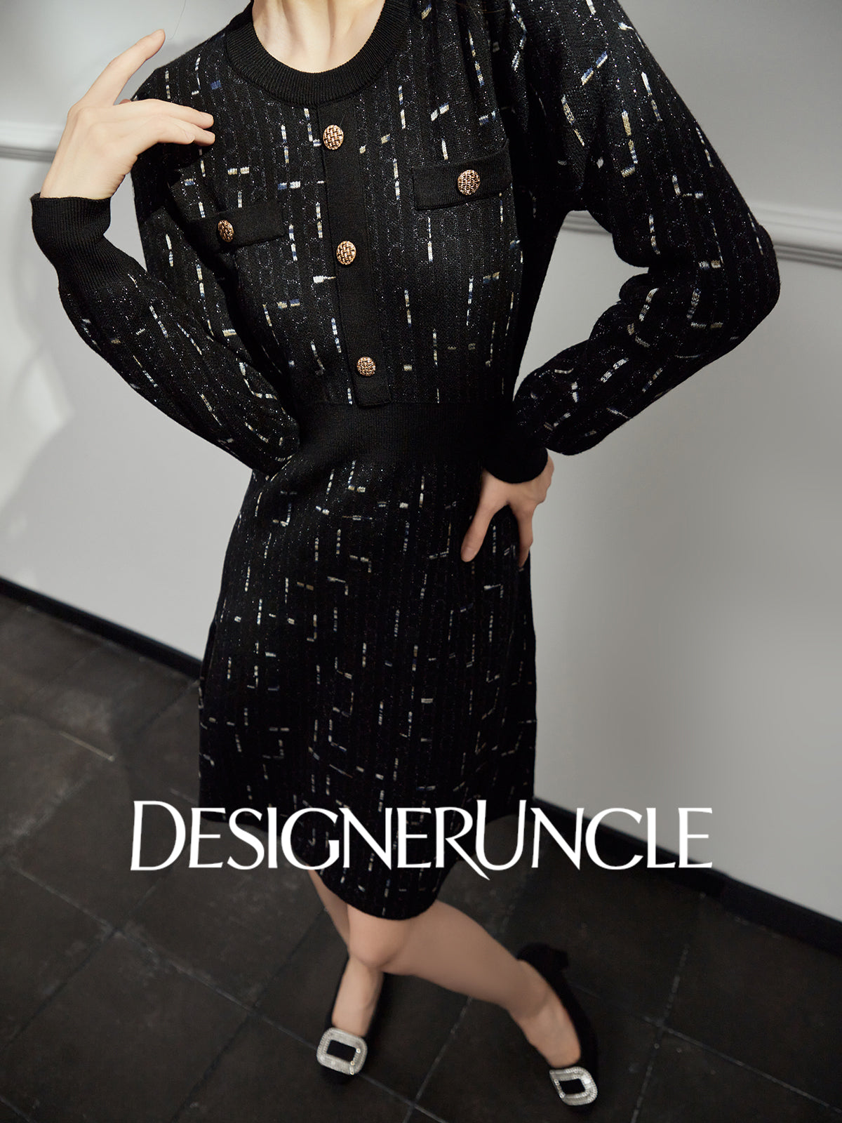 DGU|Twilight" black small fragrance style slimming high-end long-sleeved dress - Antonia.