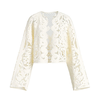 ZHUCHONGYUN white long-sleeve cropped lace-patterned jacket-NIGH.
