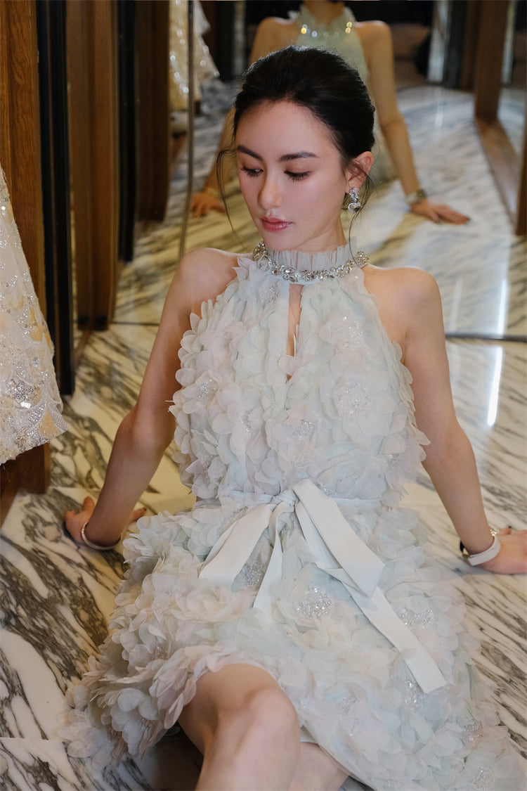 Wardrobes by Chen Luxury Pastel Green Ribbon Floral wedding guest bridal Dress-Onna