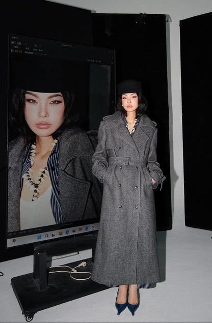 MEI SANGUAN gray double-breasted shoulder pads woolen jacket - KAIA