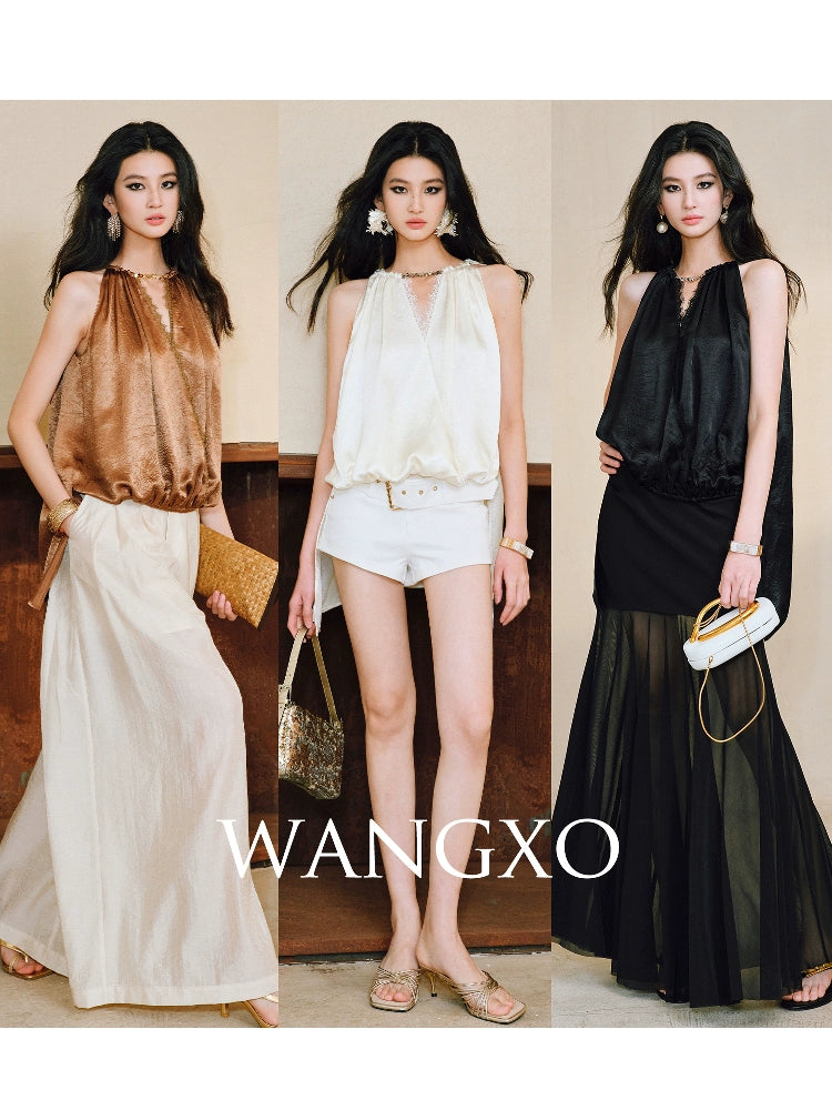 WANGXO|Lace-Trimmed Metal Chain Halterneck V-Neck Pleated Top with Delicate Texture -AYRA