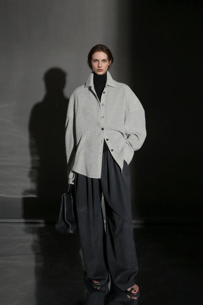 PIAOIN Luxury Old Money Style Wool Shirt Women's Single Breasted Shirt-FERA