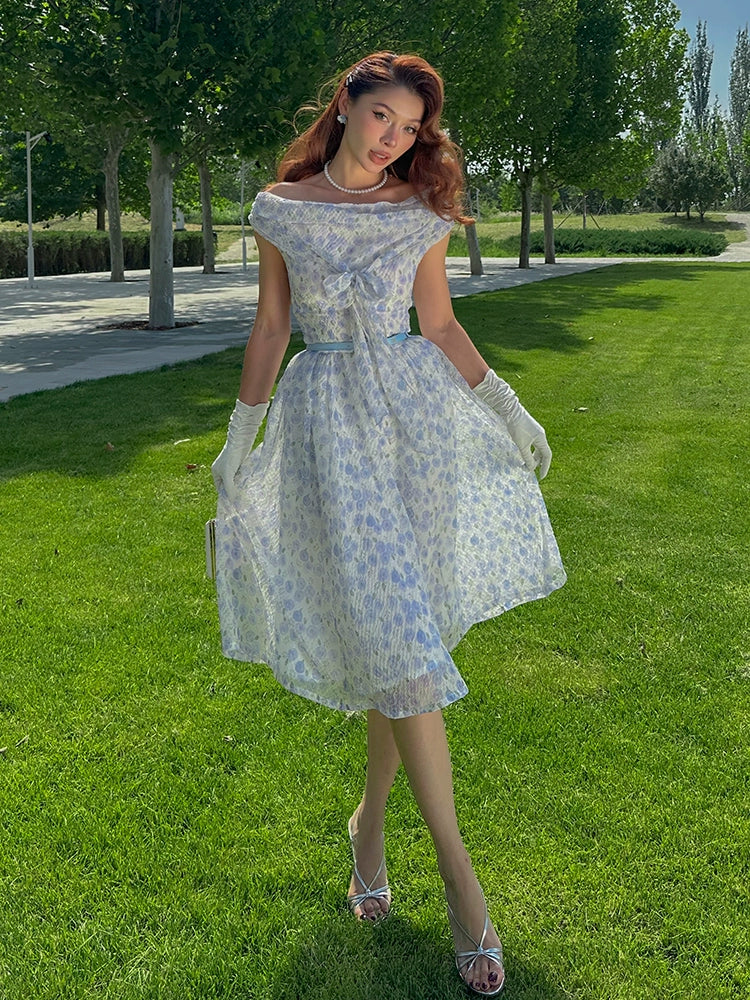 Knee Length Retro Chiffon Dress Le Palais Vintage Elegant Blue Floral Shawl Collar Chiffon Dress-DIDI Knee Length Retro Chiffon Dress Le Palais Vintage Elegant Blue Floral Shawl Collar Chiffon Dress-DIDI