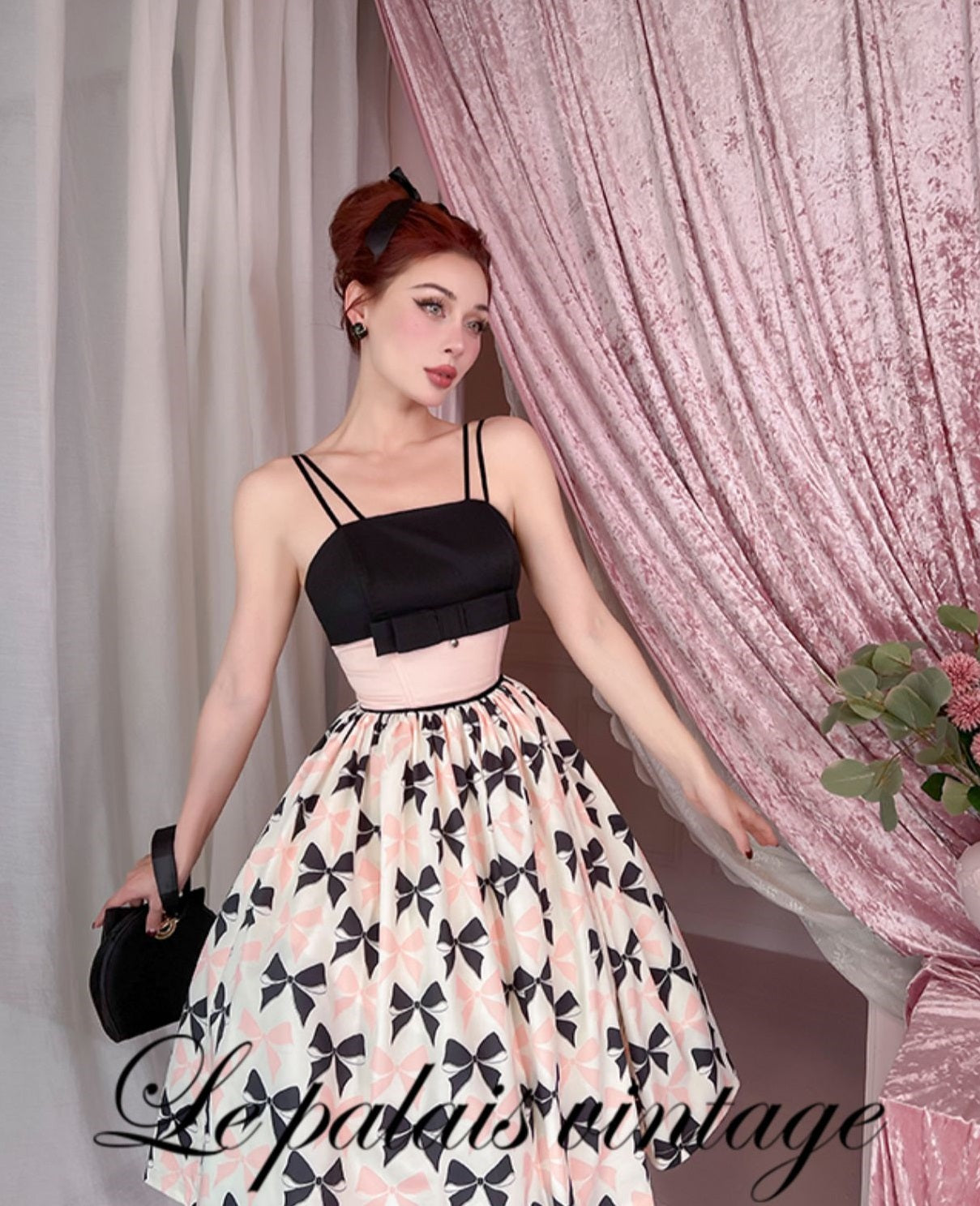 Le Palais  50s classic pink and black contrast bow cinched waist Dress-WENDY