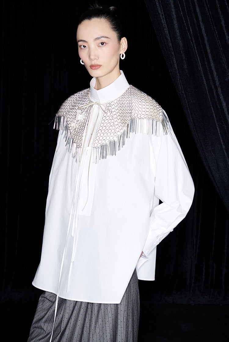 M essential Mackay designer handmade chain mail fringe embellished collar shawl - SIND.