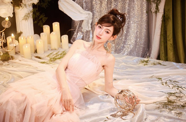 DOLLY Luxury Peach Pink French Style Tube Top Sleeveless High Waist Prom Dress-PEACHES