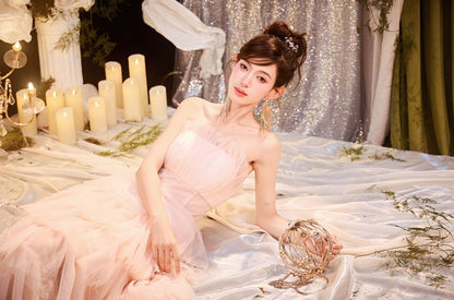 DOLLY Luxury Peach Pink French Style Tube Top Sleeveless High Waist Prom Dress-PEACHES