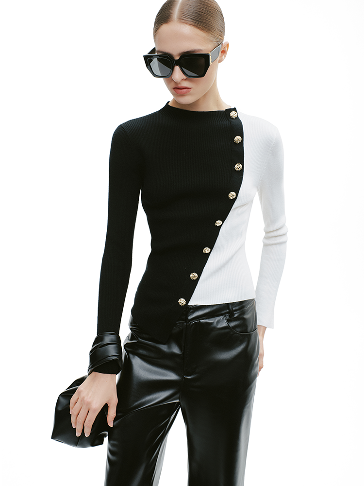 YES BY YESIR  Sheep wool dual tone crossbody knit top - STRET.