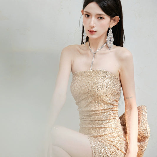 DOLLY Luxury Sequin Tube Top Big Bow/Train Slim Fit Short Cocktail Dress-CHLOE