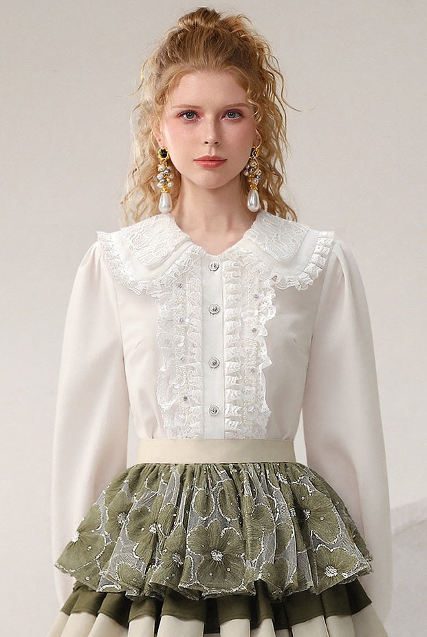 CHECOCRE Stubble French vintage lace cute double-collar top - PETER.