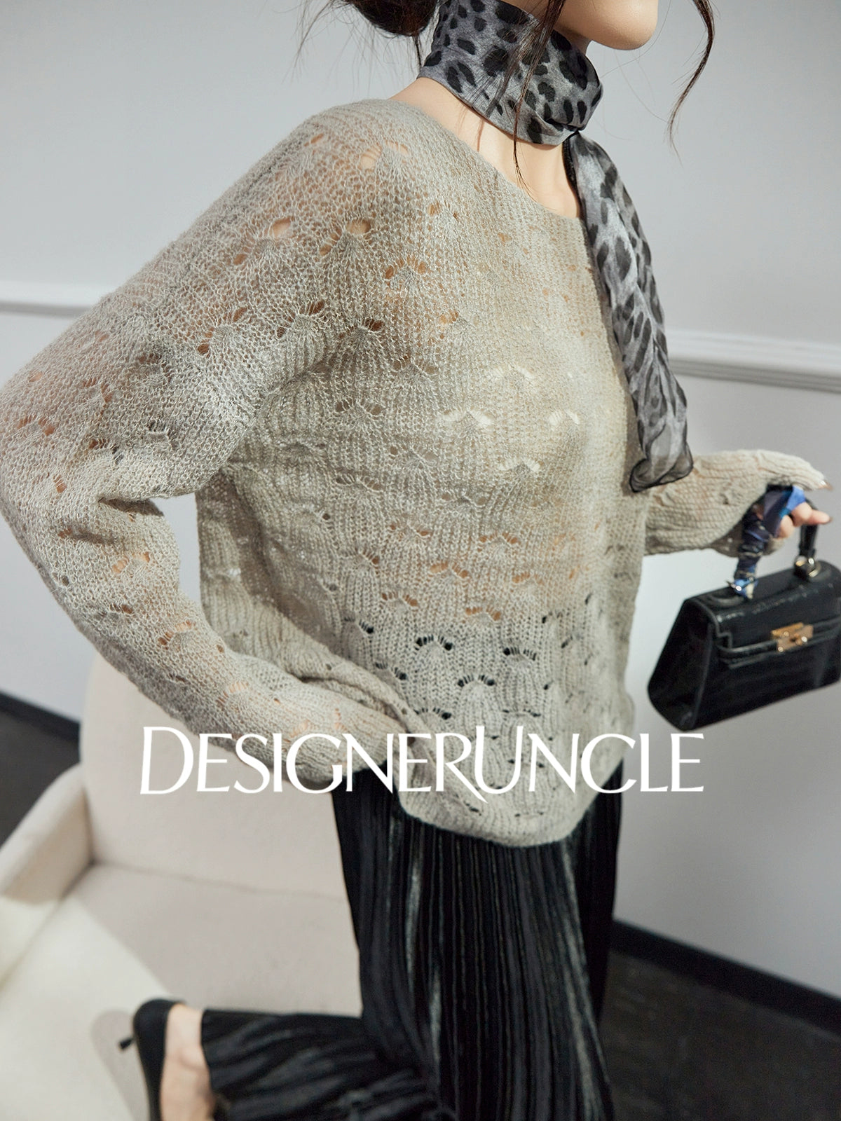 DGU| Gray Slimming Elegant Hollow Design Light Luxury Top Knitwear - Felix.