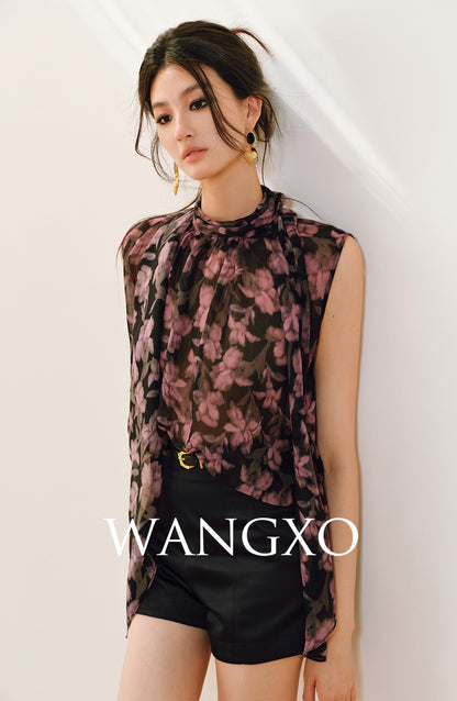 WANGXO | Stand Collar Shun Yu Wrinkled Print Sleeveless Ribbon Shirt -EVELINA.