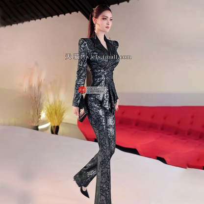 VJE  Embroidered Suit Flared Pants Two-Piece Pleated Suit-MARY.