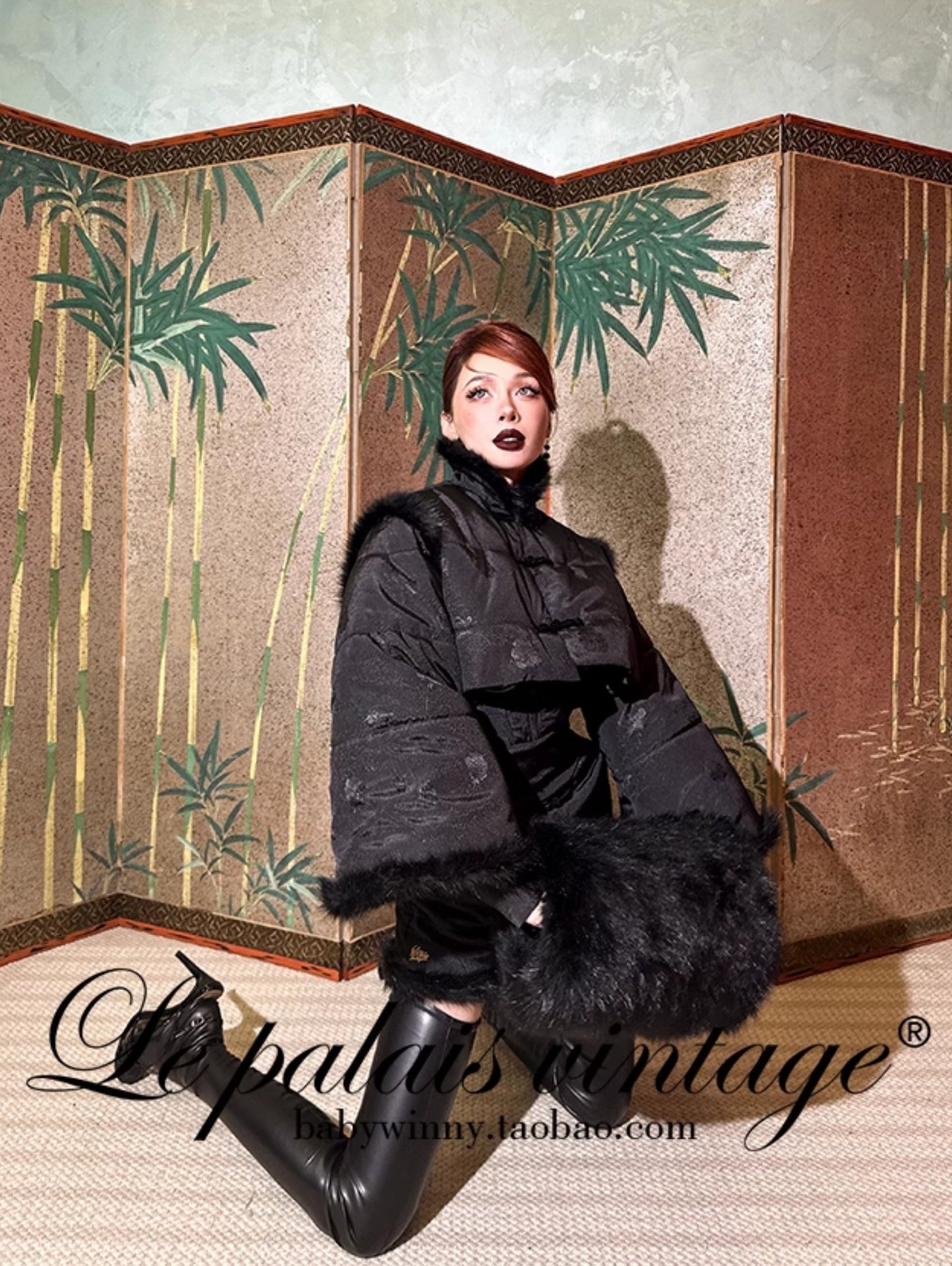 Le Palais Vintage Luxury Retro Black Cotton Short Fur Jacket + High Waist Skirt-Carla