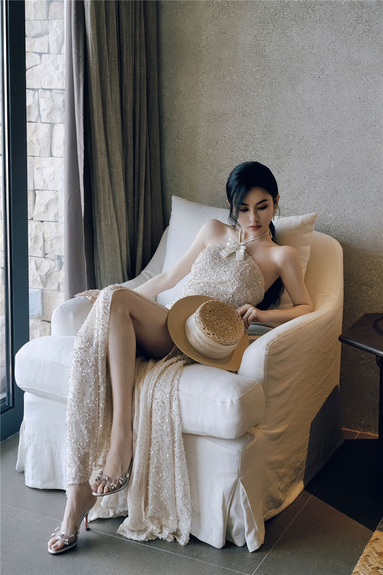 Wardrobes by Chen Luxury French Embroidered Butterfly Halter neck slick Dress- Kara