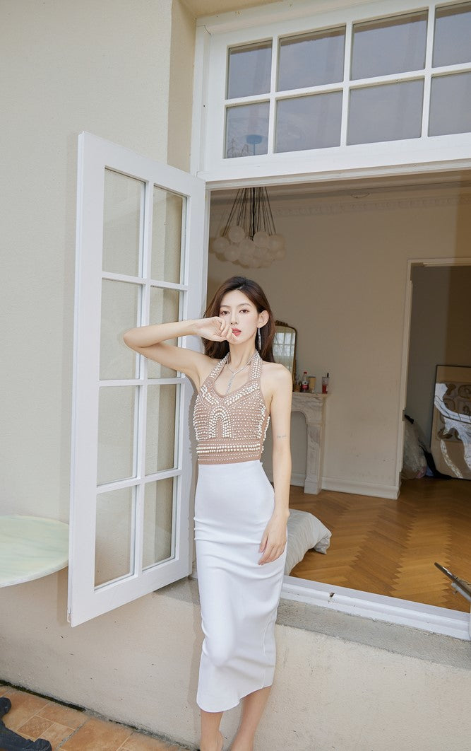 DOLLY High End V-Neck Sleeveless Halter Neck Pearl Body Hug Long Party Dress-CHARMAINE