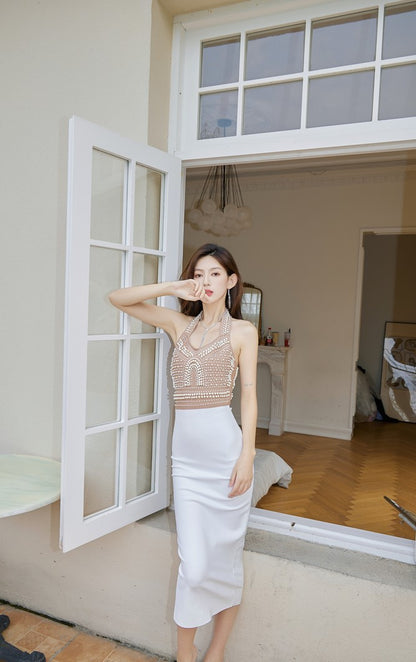 DOLLY High End V-Neck Sleeveless Halter Neck Pearl Body Hug Long Party Dress-CHARMAINE