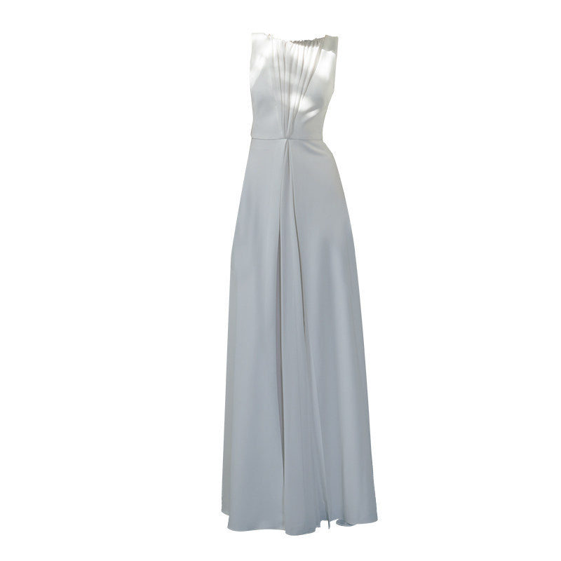 GOUDIN white long engagement outdoor light simple evening dress-TAB.