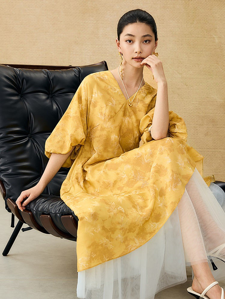 HECO Chinese V-Neck Waist Summer Elegant Floral Stitched Mesh dress - TULIP .