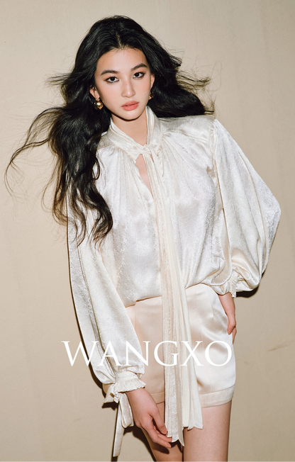 WANGXO | Glossy Satin Scratch & Bright Silk Interlace Pleated Streamer V-Neck Shirt -FÍYA.
