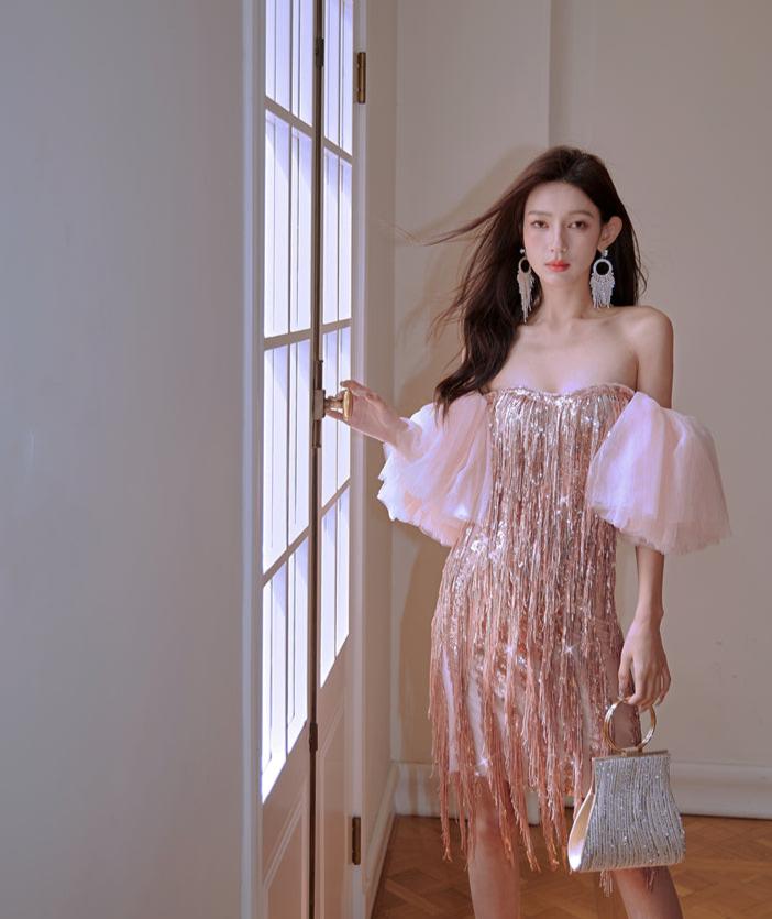 DOLLY Luxury Retro Puff Sleeve Glitter Tassel Tube Top Short Party Dress-LORENA