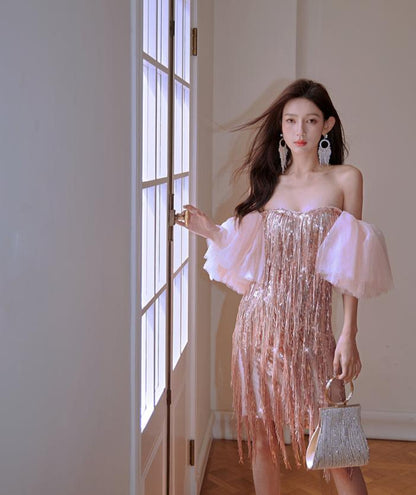 DOLLY Luxury Retro Puff Sleeve Glitter Tassel Tube Top Short Party Dress-LORENA