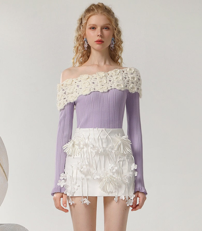 CHECOCRE Sophisticated Purple and white Women's Slim Slanted Shoulder Sweater- LUKE