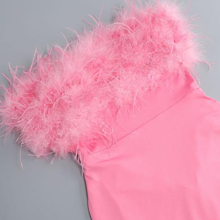 DOLLY Elegant Off Shoulder Fluffy Feather Tube High Waist Slim Fit Short Dress-FRANCES