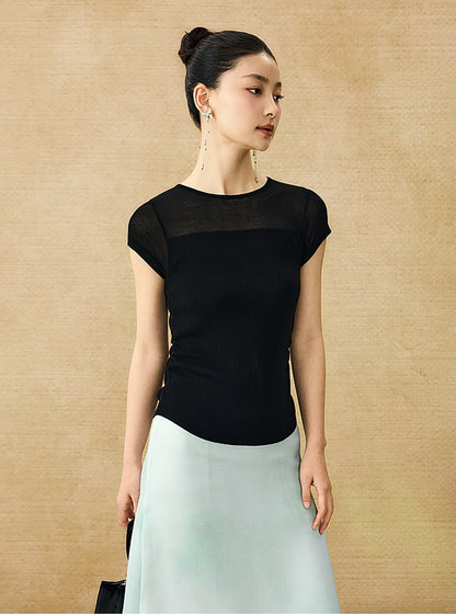 HECO Chinese style slightly transparent round neck knitted short sleeve T-shirt -BING.