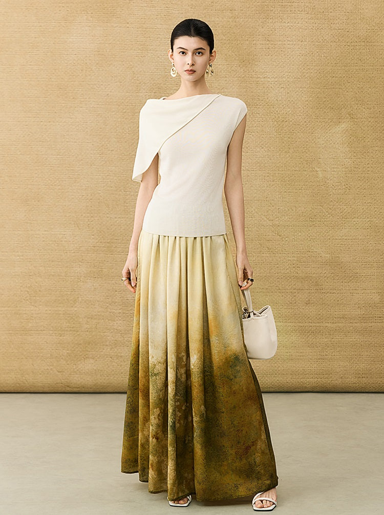 HECO Chinese Gradient Blended Lightweight Summer Print High-Waisted Skirt - AVEL.