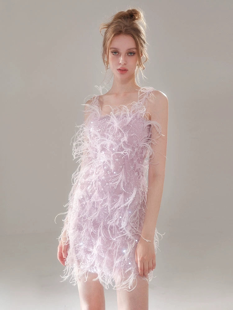 Wardrobes by Chen Elegant Purple Embroidered Beads Feather Dress-Cassie