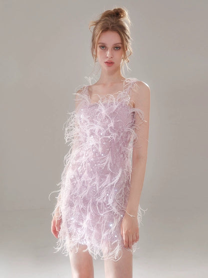 Wardrobes by Chen Elegant Purple Embroidered Beads Feather Dress-Cassie