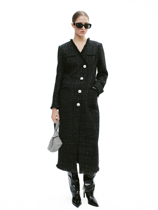 YES BY YESIR Extra-long V-Neck Tweed Coat Dress - COLE.