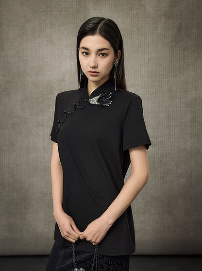 HECO Summer Handmade Orchid Winding Mandarin Neckline Short Sleeve Top - FLIGHT.