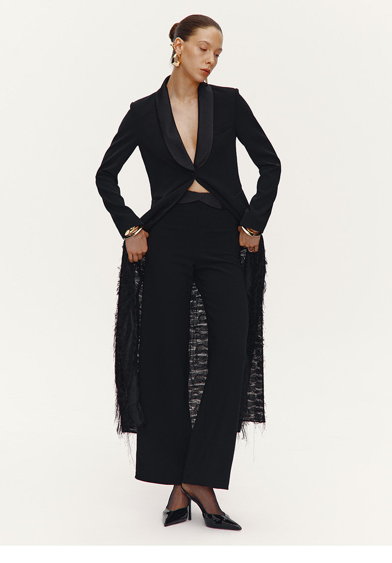 ATELIER MISS LU Slim Fringe Spliced Texture Long Dress Jacket - AMOT