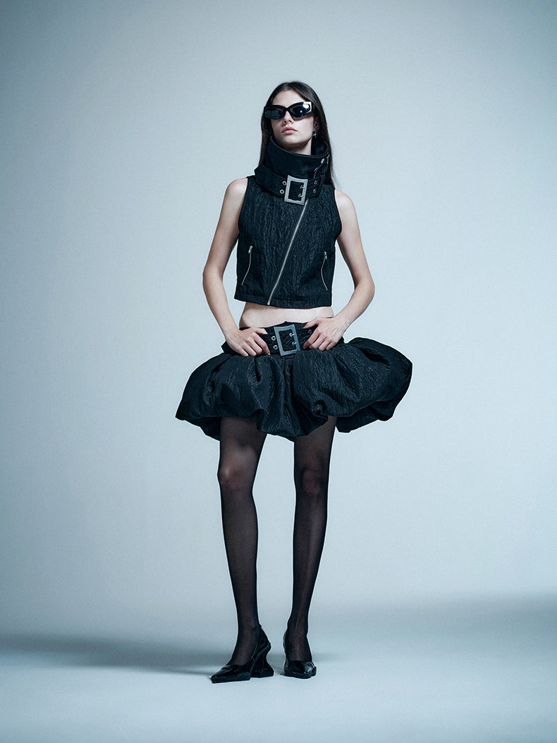 ANNAKIKI model functional stand-up collar buckle vest-KELLY