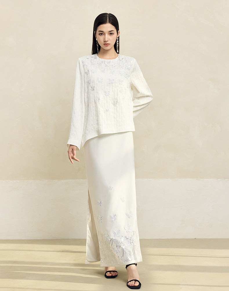 HECO butterfly beads embroidered round neck long sleeve top Women - CROWN.