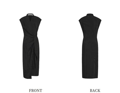 ZHUCHONGYUN sleeveless jacquard wrap-style front ruched waist slit hem Dress-DEWIE.