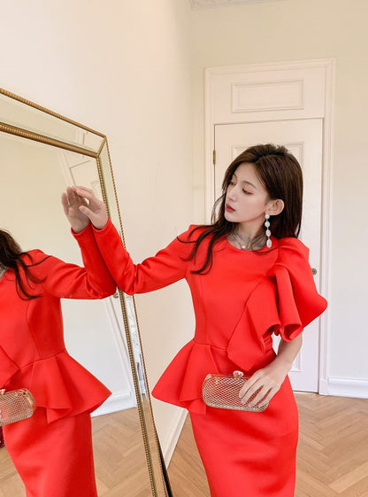 DOLLY Elegant Red Sloping Shoulder Ruffle Long Sleeve Midi Dinner Dress-KIMBRA