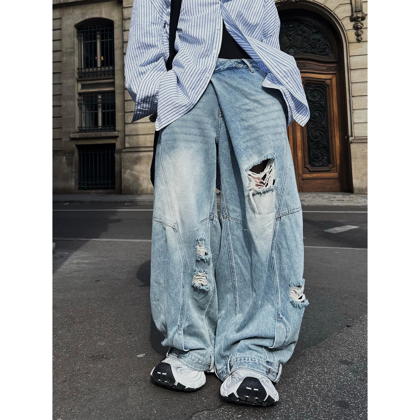 MEI SANGUAN Denim blue wide-leg mopping floor-to-hole old jeans - BEN