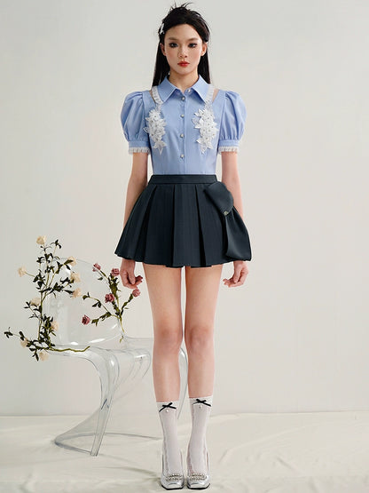 CHECOCRE Chic Three-dimensional Flower Puff Sleeve Cutout Sexy Blue Top - ATRACT