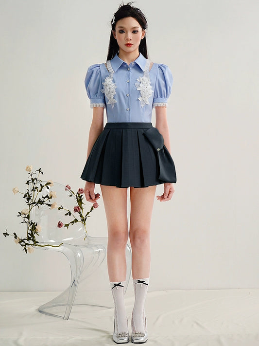 CHECOCRE Chic Three-dimensional Flower Puff Sleeve Cutout Sexy Blue Top - ATRACT