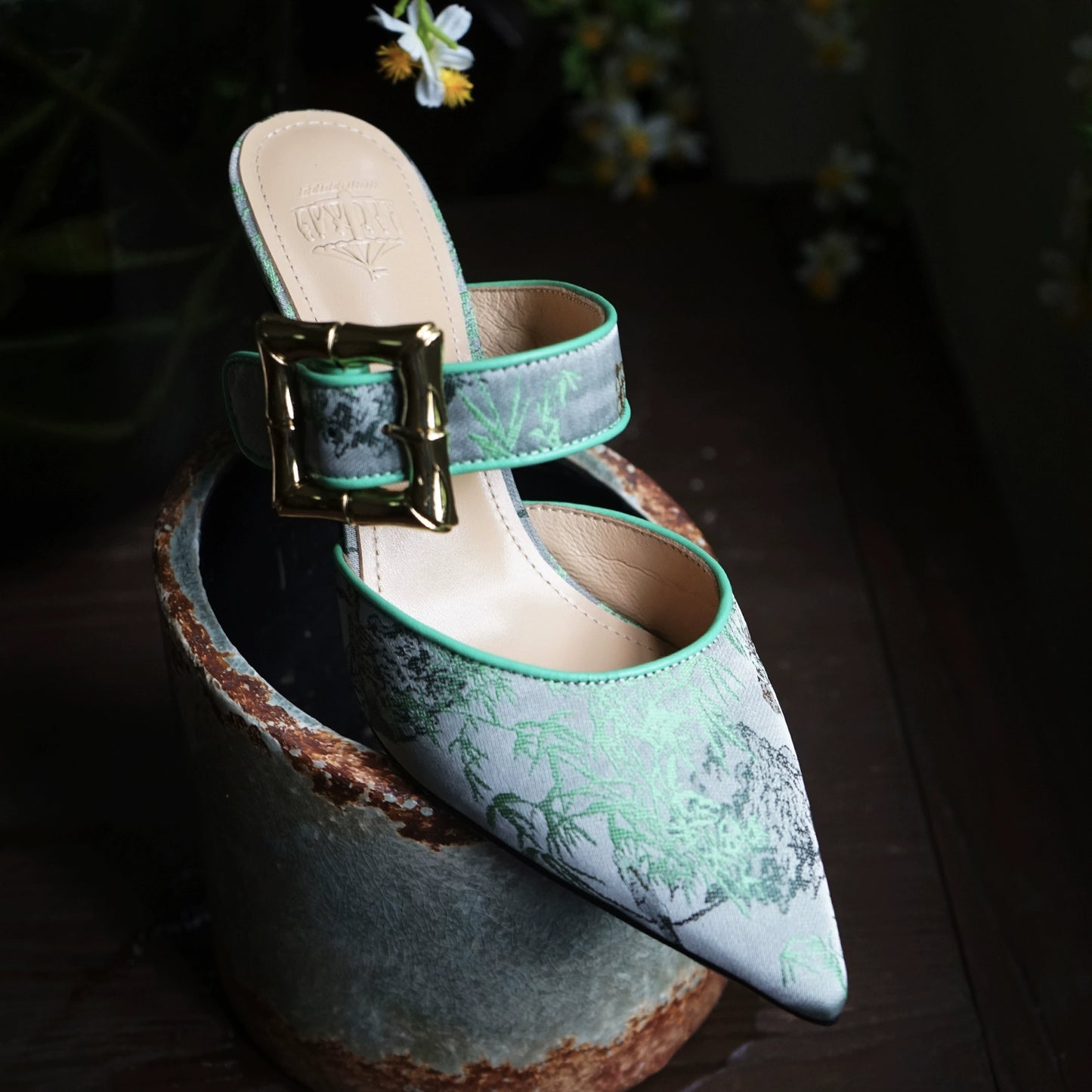 B-FEI Chinese mule kitten heel buckle sandals-DEXT.